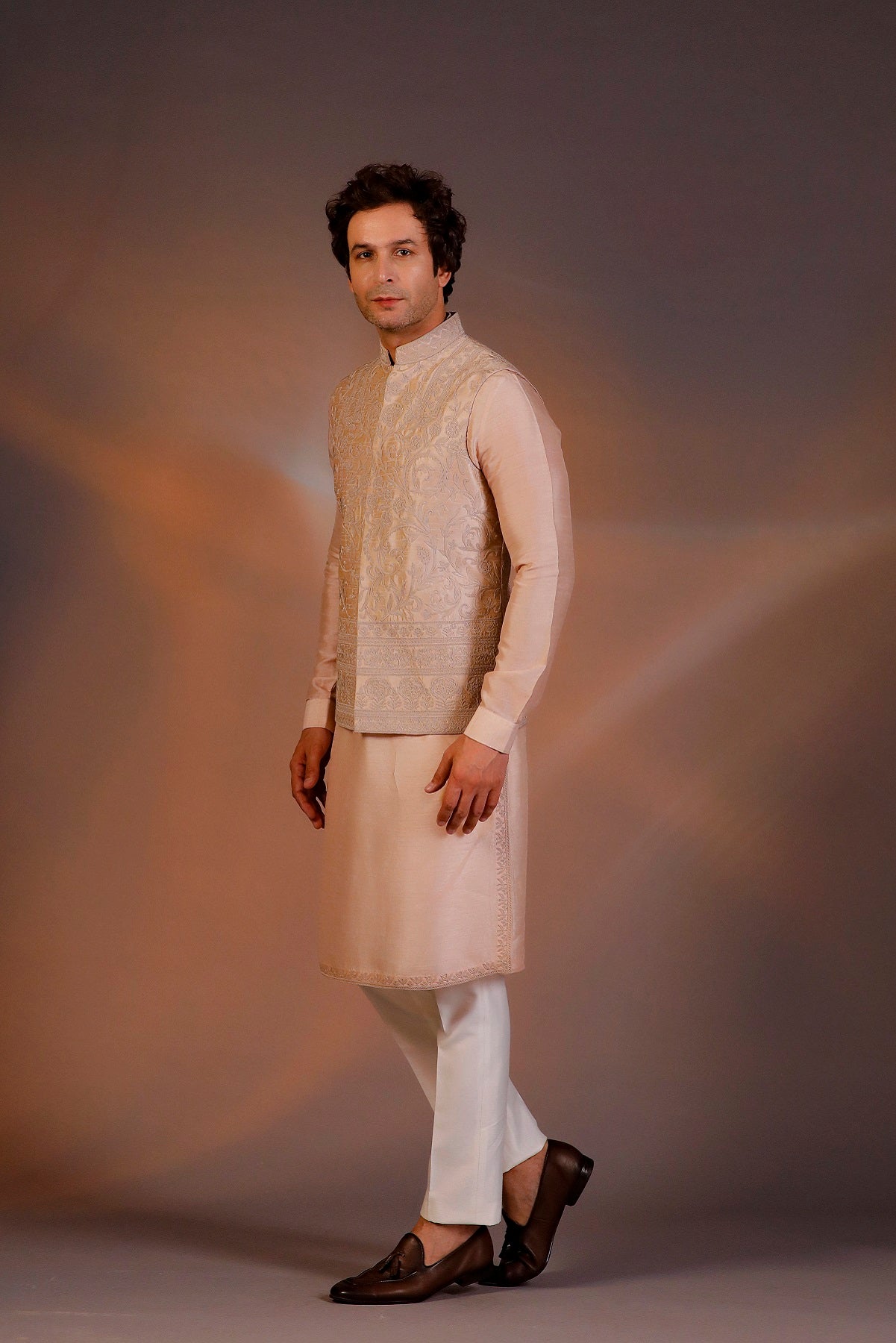 LIGHT PEACH NEHRU JACKET KURTA SET