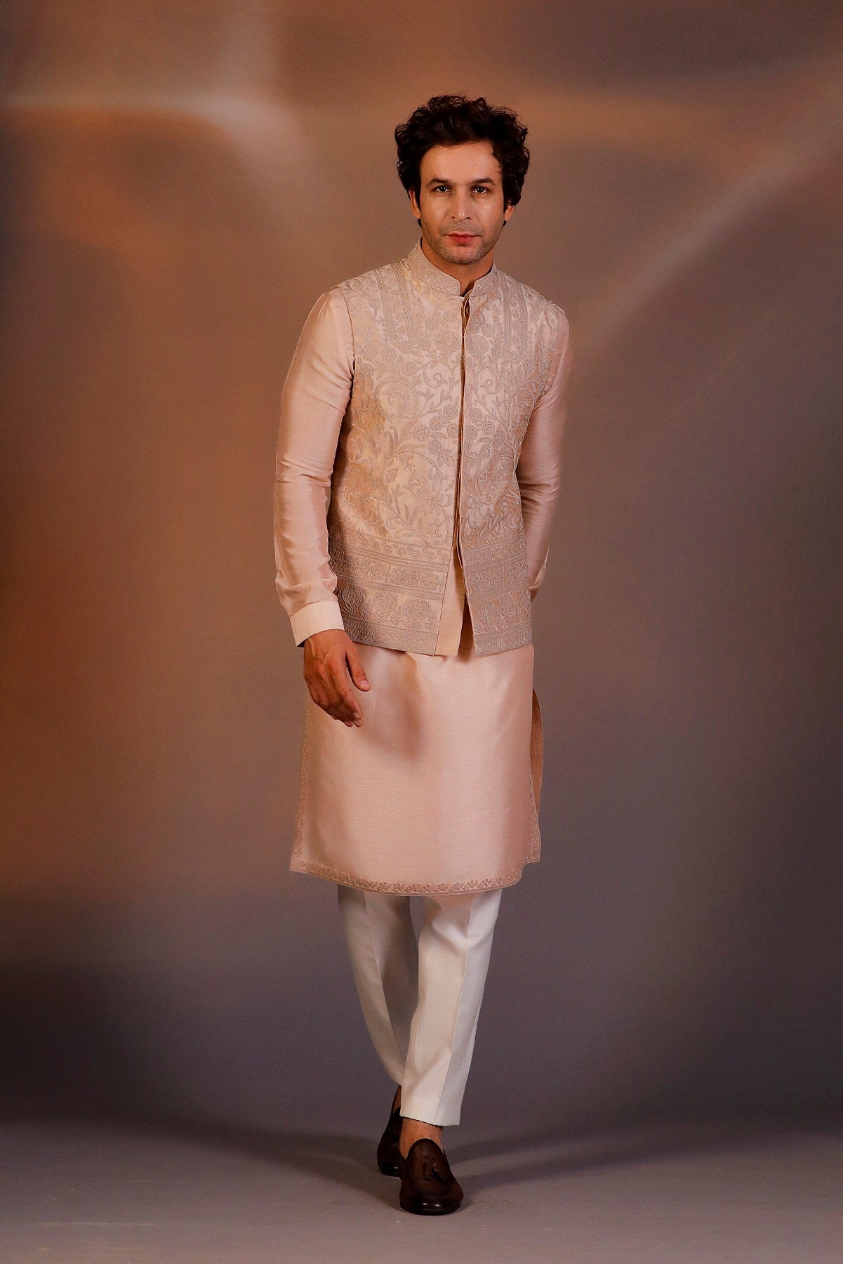 LIGHT PEACH NEHRU JACKET KURTA SET