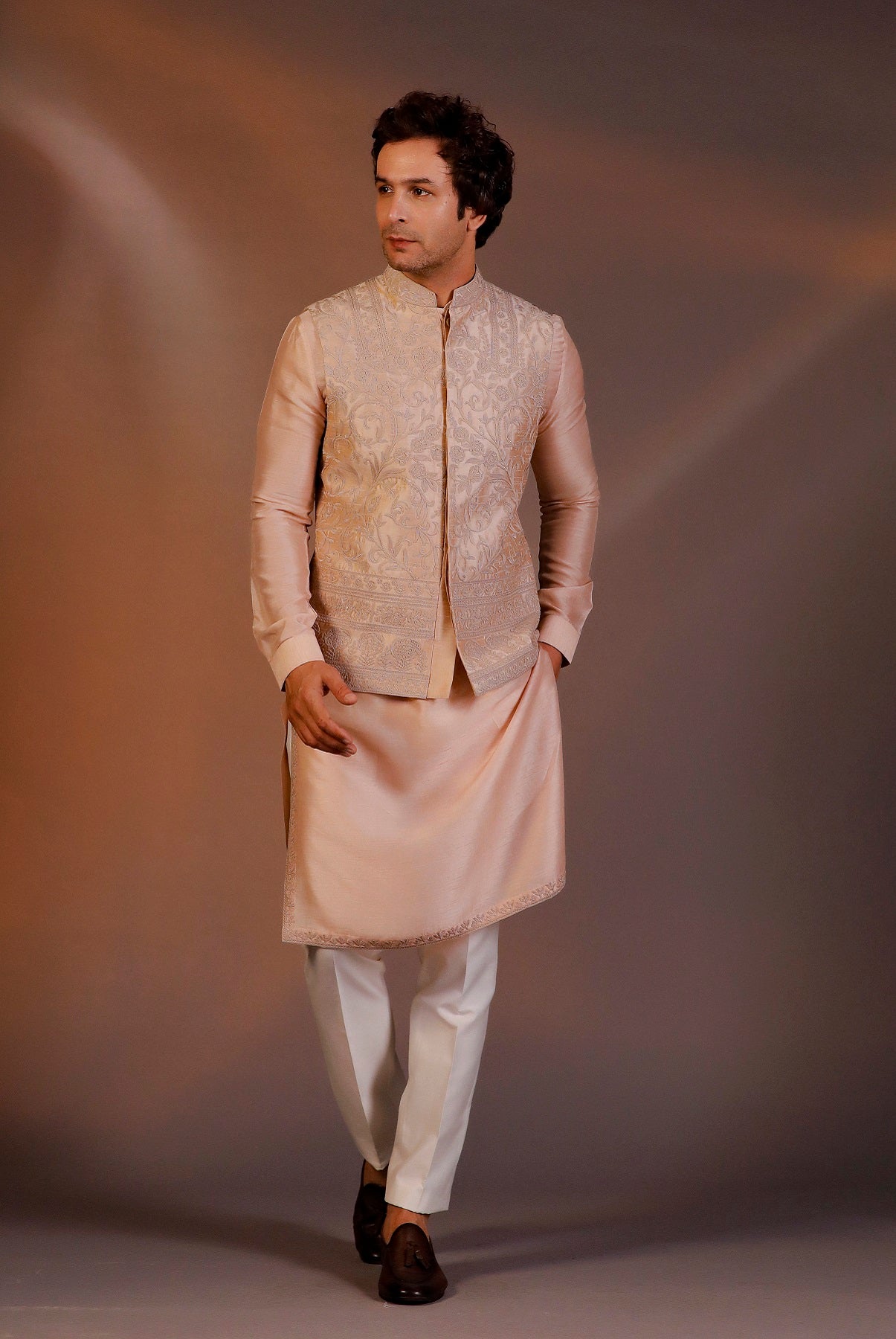 LIGHT PEACH NEHRU JACKET KURTA SET
