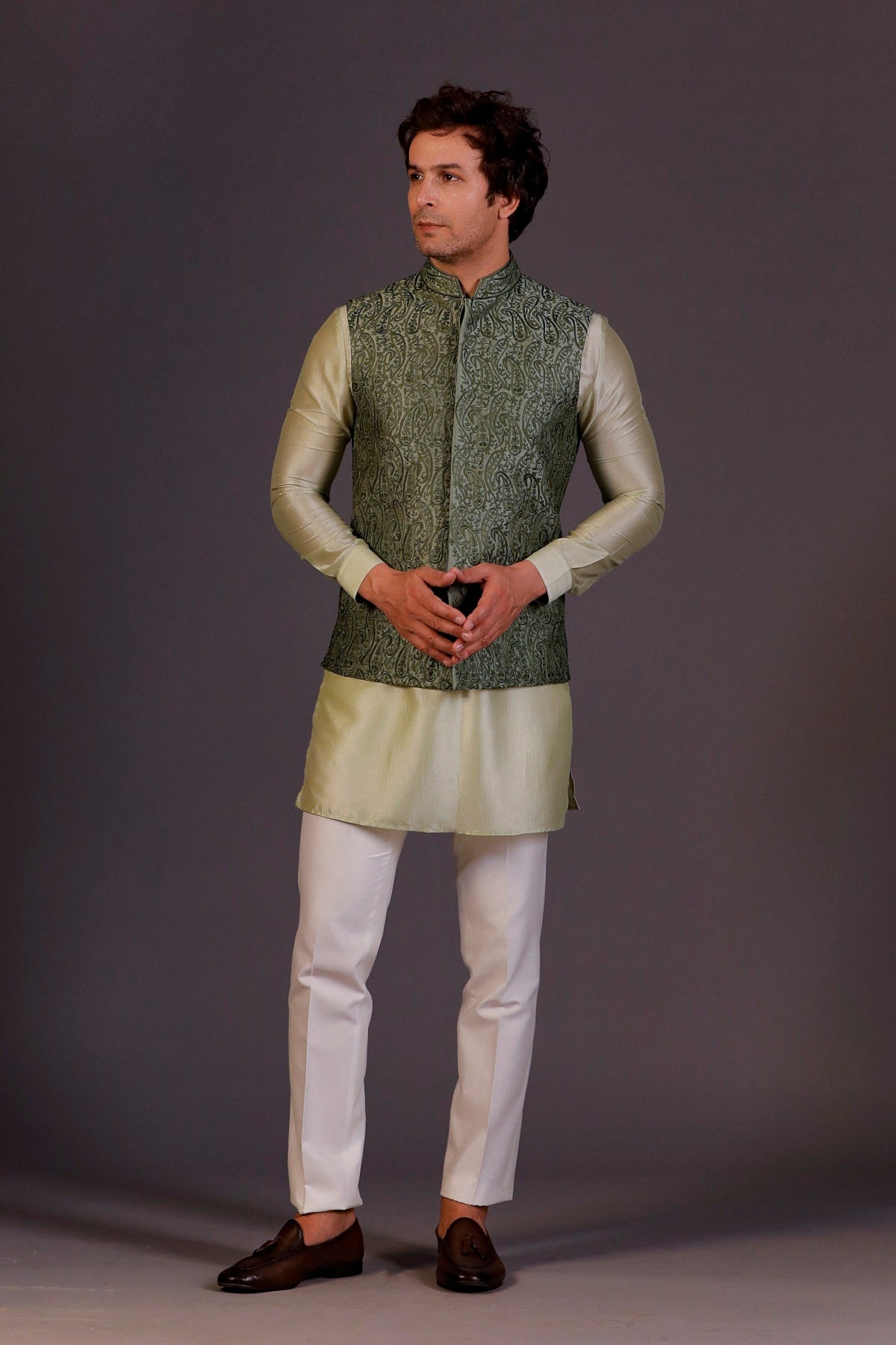 DARK GREEN JACKET LIGHT GREEN KURTA SET