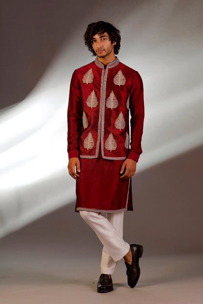 MAROON NEHRU JACKET KURTA SET