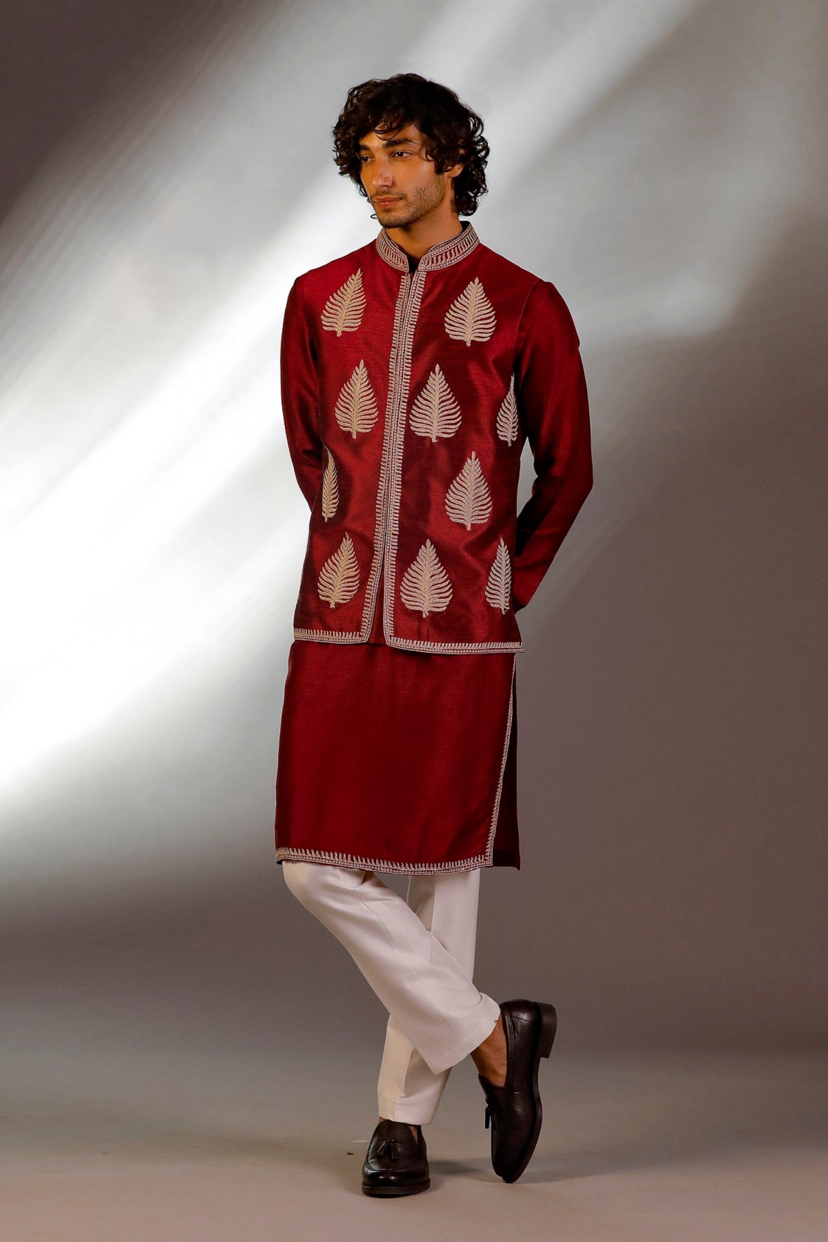 MAROON NEHRU JACKET KURTA SET