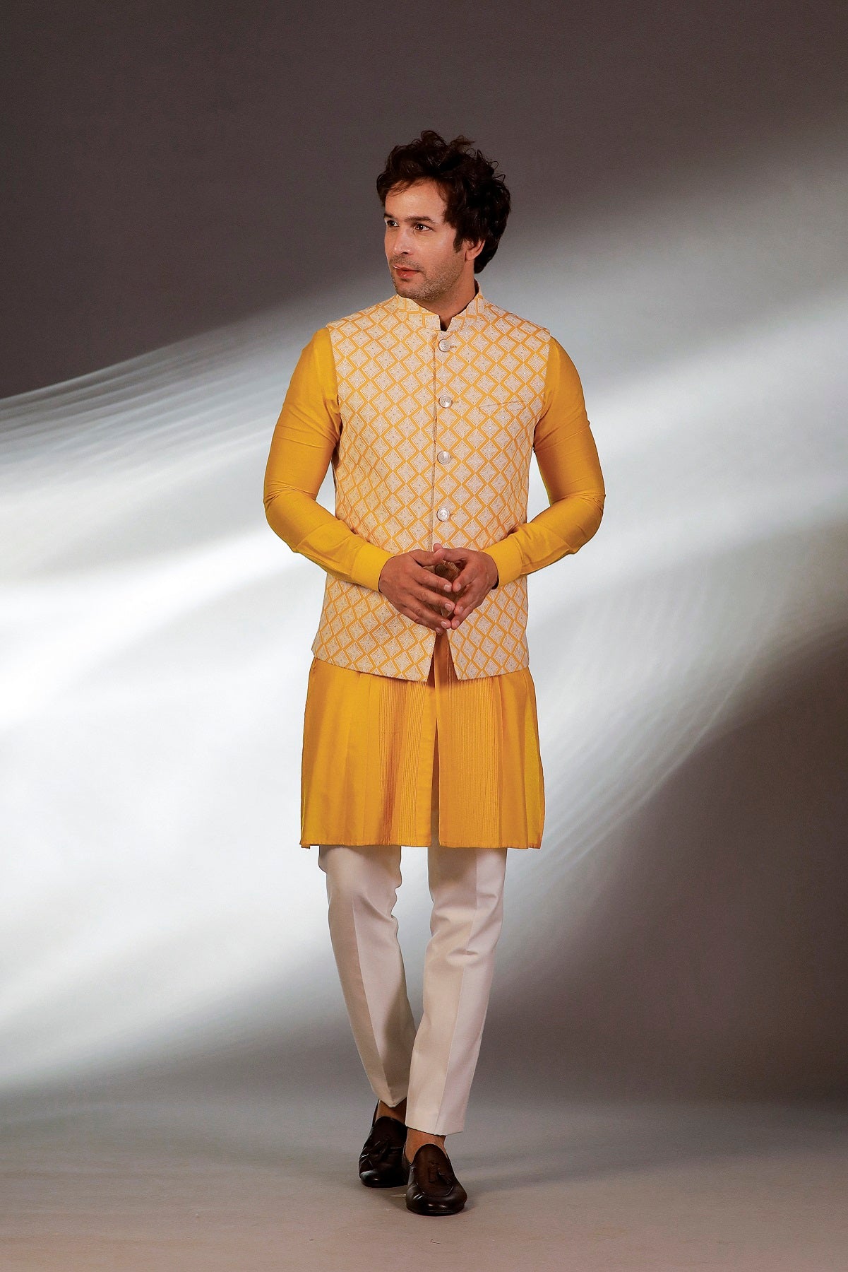 YELLOW HAND EMBROIDERED JACKET KURTA SET