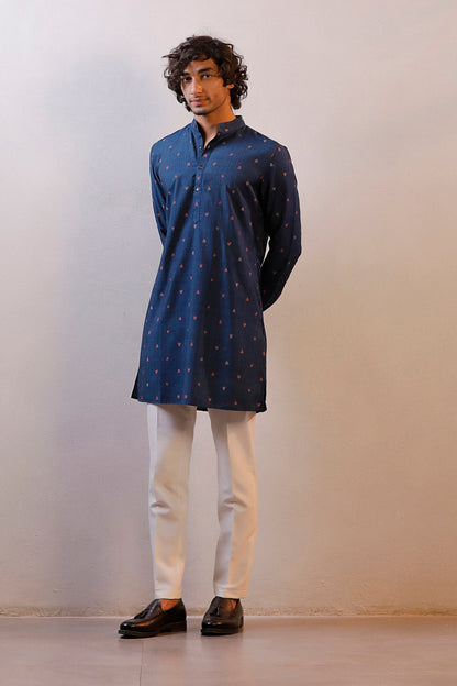 BLUE QUILTED JACKET PRINTED KURTA SET
