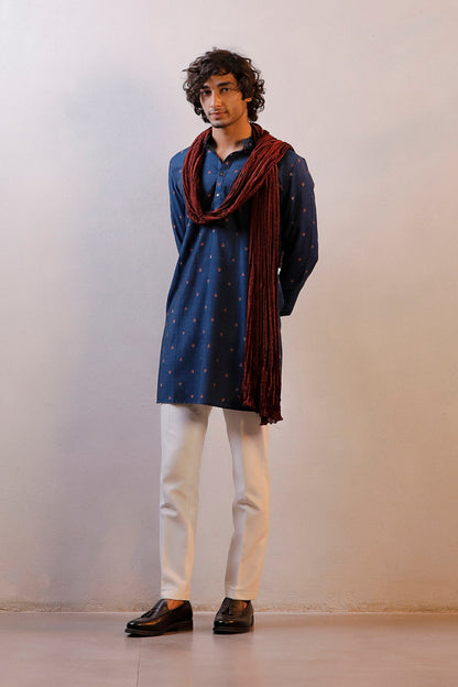 BLUE QUILTED JACKET PRINTED KURTA SET