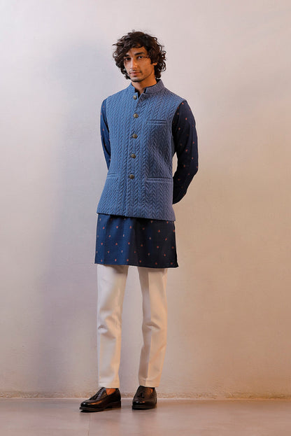BLUE QUILTED JACKET PRINTED KURTA SET