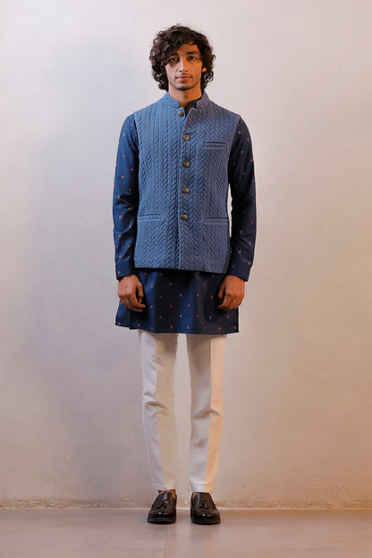BLUE QUILTED JACKET PRINTED KURTA SET
