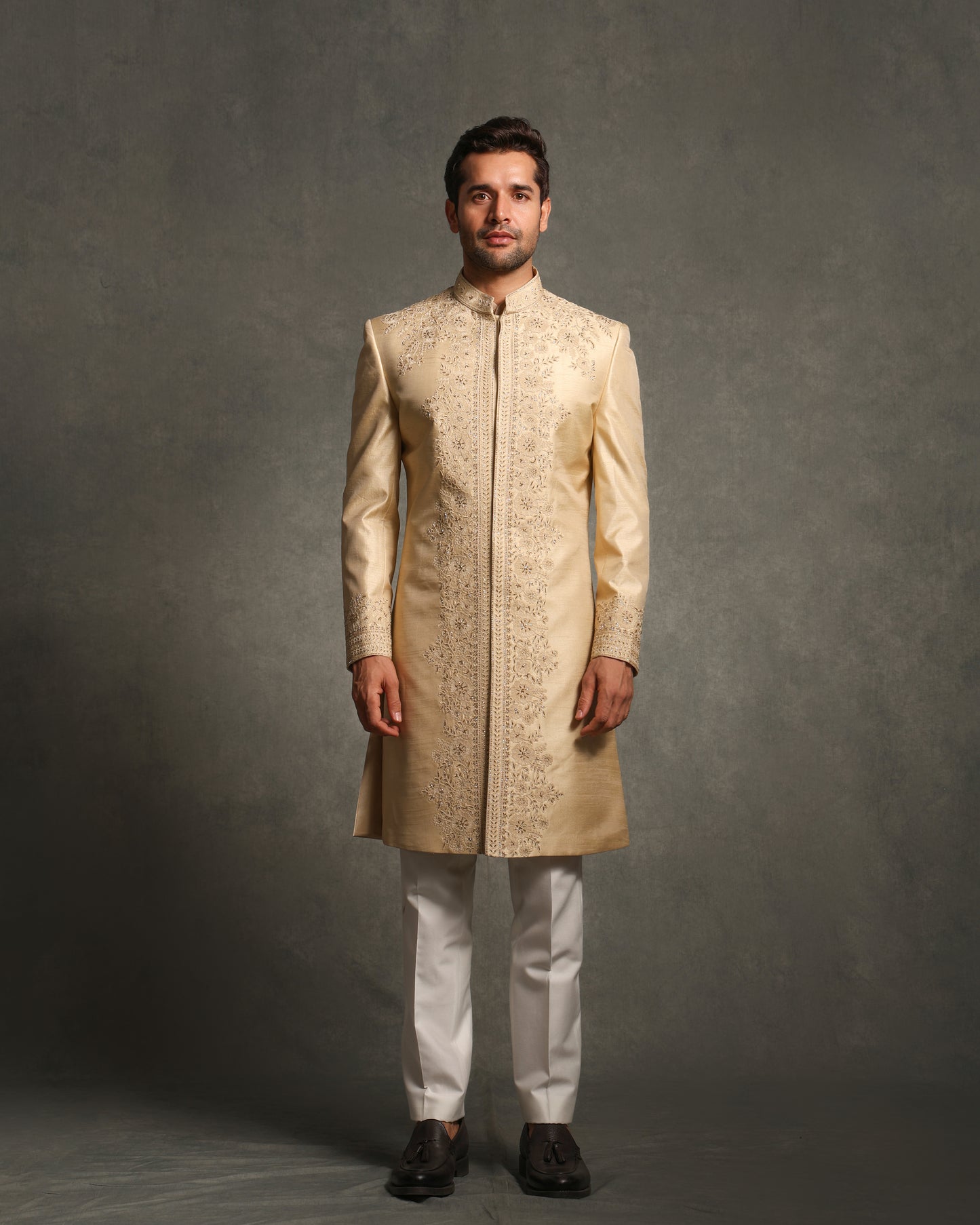 GOLDEN THREAD WITH GLASS CUT EMBROIDERY SHERWANI