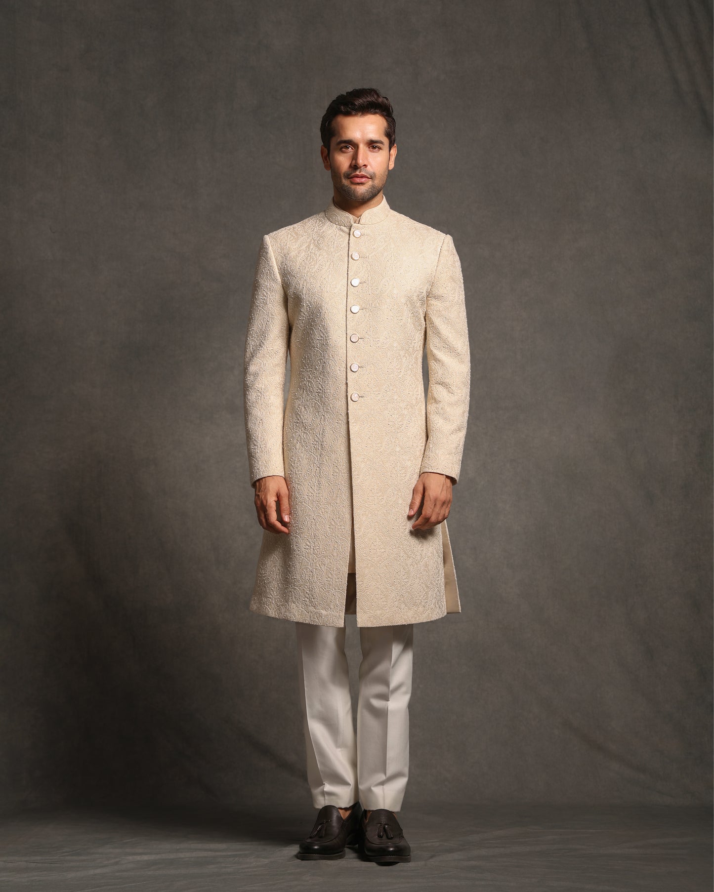 BEIGE CHIKANKARI WITH BREAD EMBROIDERY SHERWANI