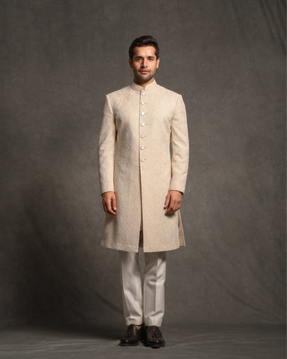 BEIGE CHIKANKARI WITH BREAD EMBROIDERY SHERWANI