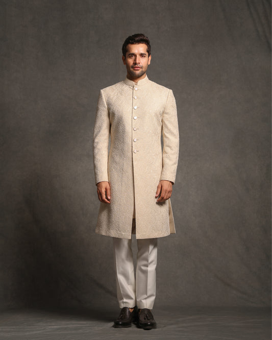 BEIGE CHIKANKARI WITH BREAD EMBROIDERY SHERWANI