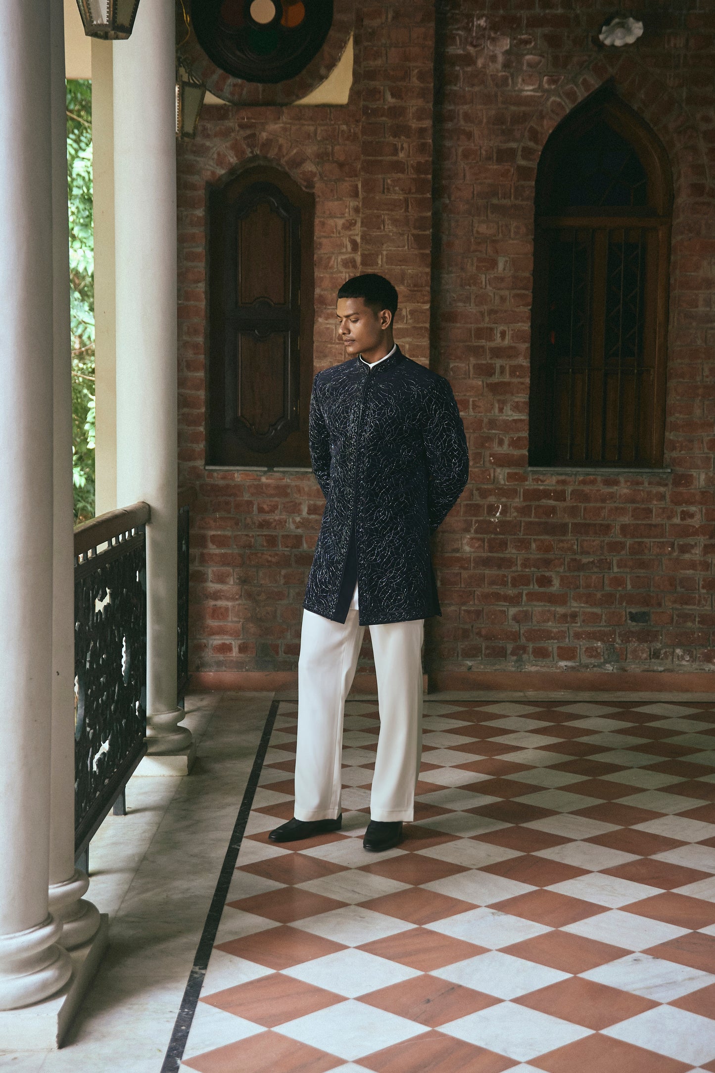 DARK BLUE GLASS CUT EMBROIDERY VELVET INDOWESTERN SET