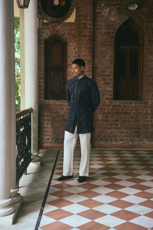 DARK BLUE GLASS CUT EMBROIDERY VELVET INDOWESTERN SET