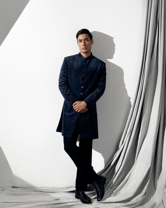 DARK BLUE VELVET STONE  EMBROIDERY INDOWESTERN SET