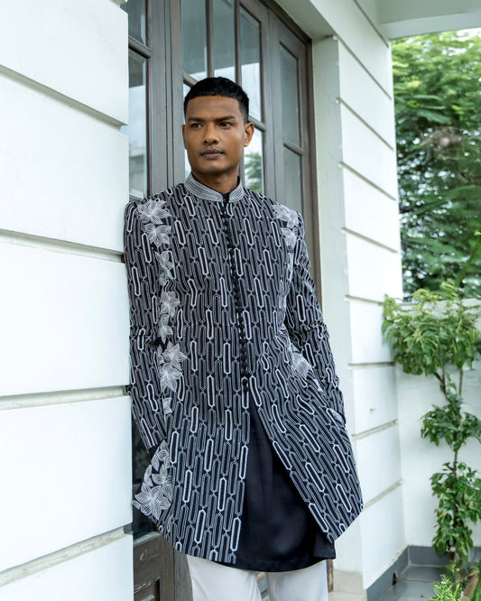 BLACK THREAD WITH GLASS CUT EMBROIDERY INDOWESTERN SET