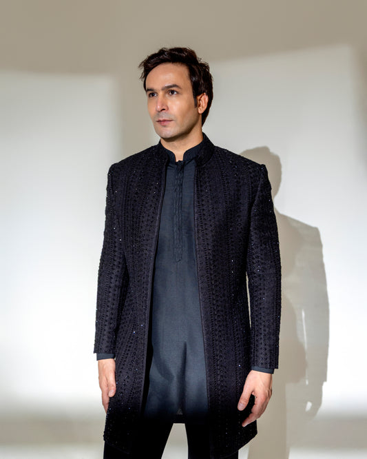 BLACK THREAD EMBROIDERY WITH GLASS CUT WORK OPEN INDOWESTERN SET