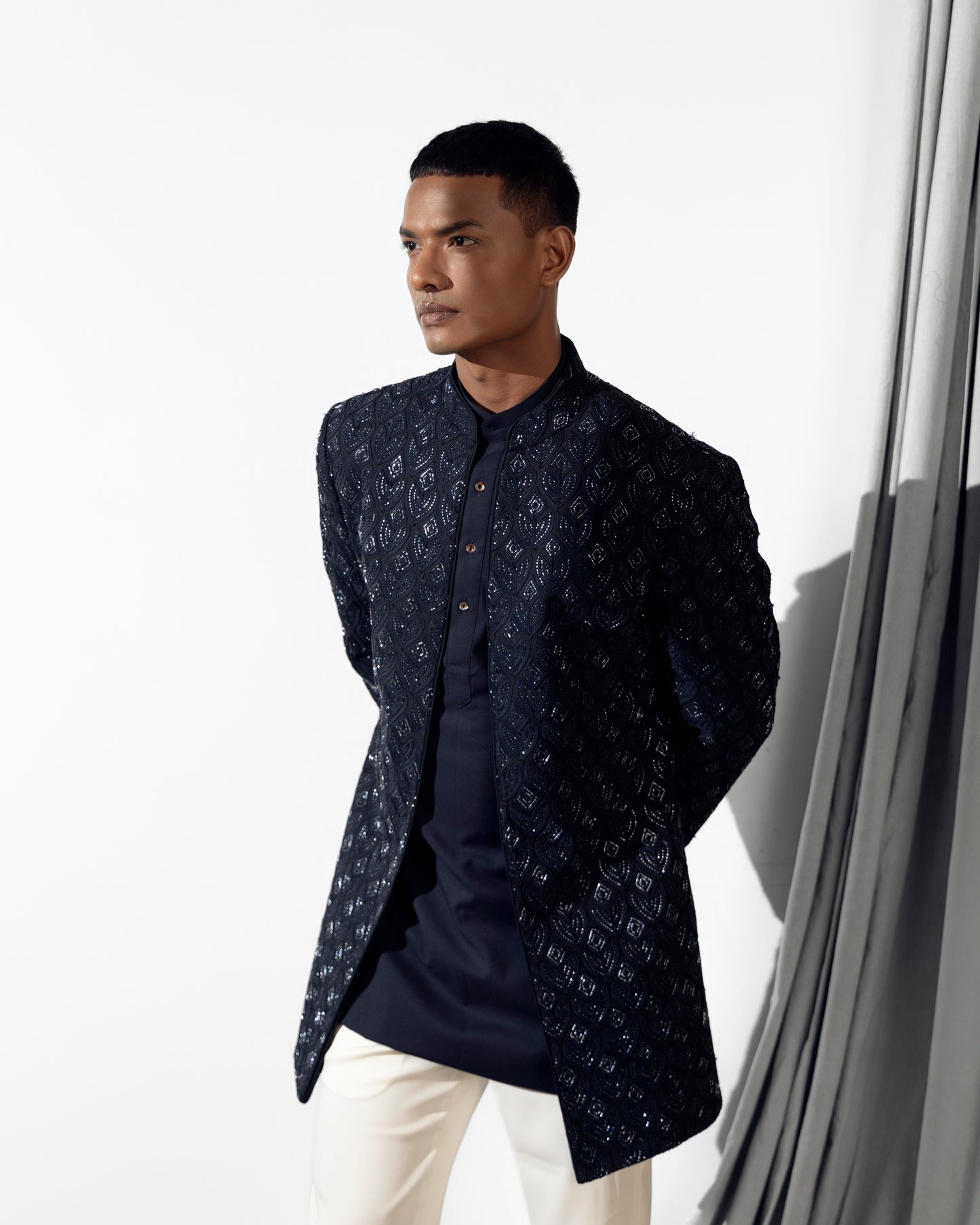 DARK BLUE THREAD EMBROIDERY WITH GLASS CUT OPEN INDOWESTERN