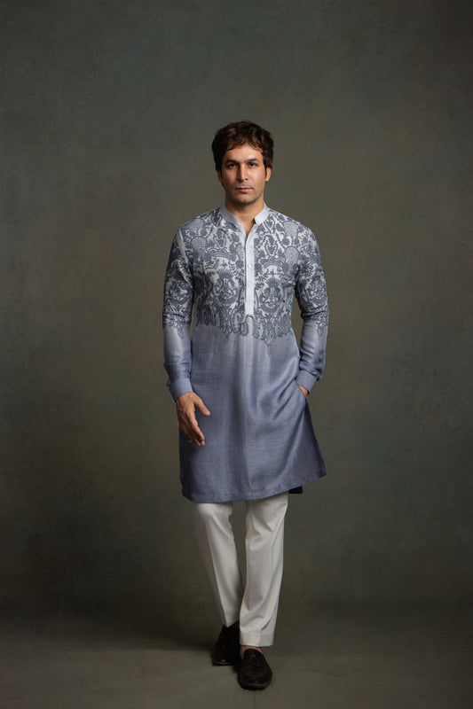 GREY OMBRE EMBROIDERY KURTA  SET