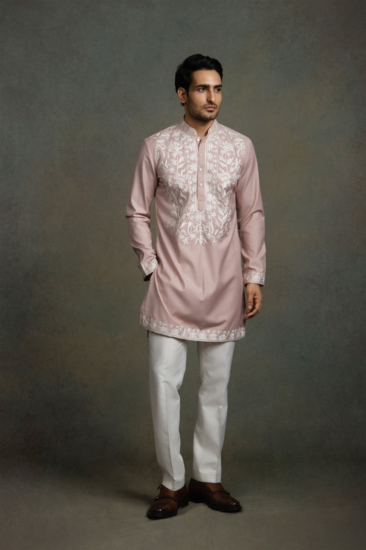 PASTEL PINK THREAD EMBROIDERY KURTA AND WHITE PANT