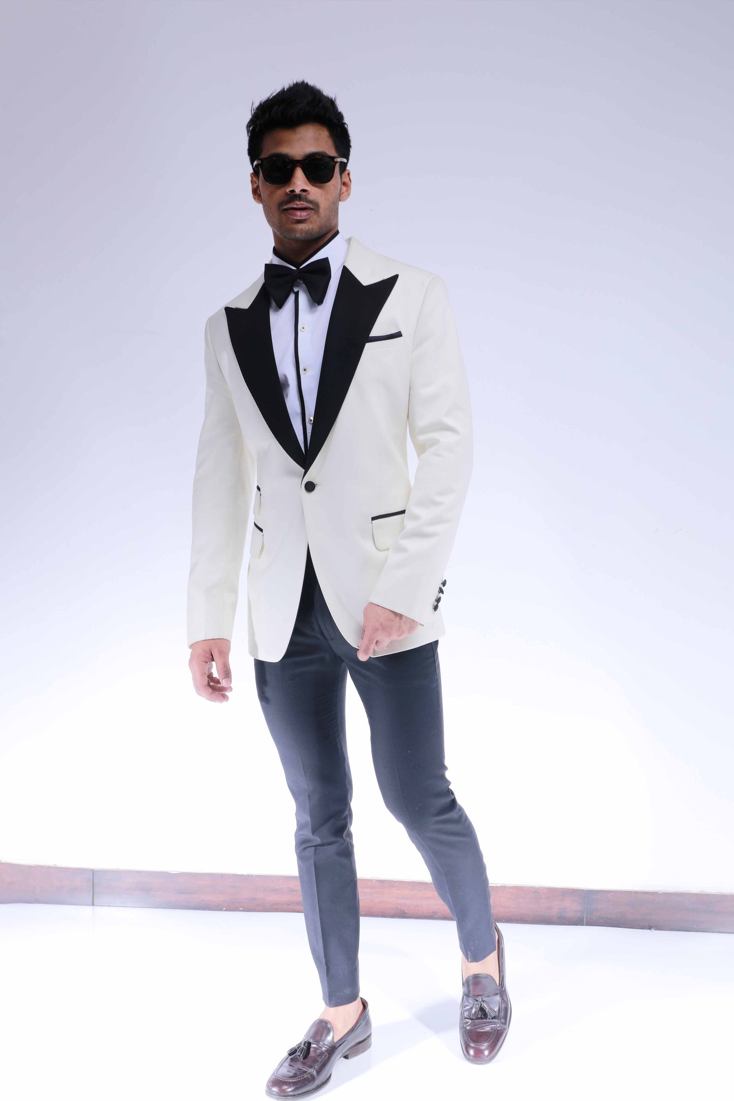 WHITE WITH BLACK VELVET WORK TUXEDO