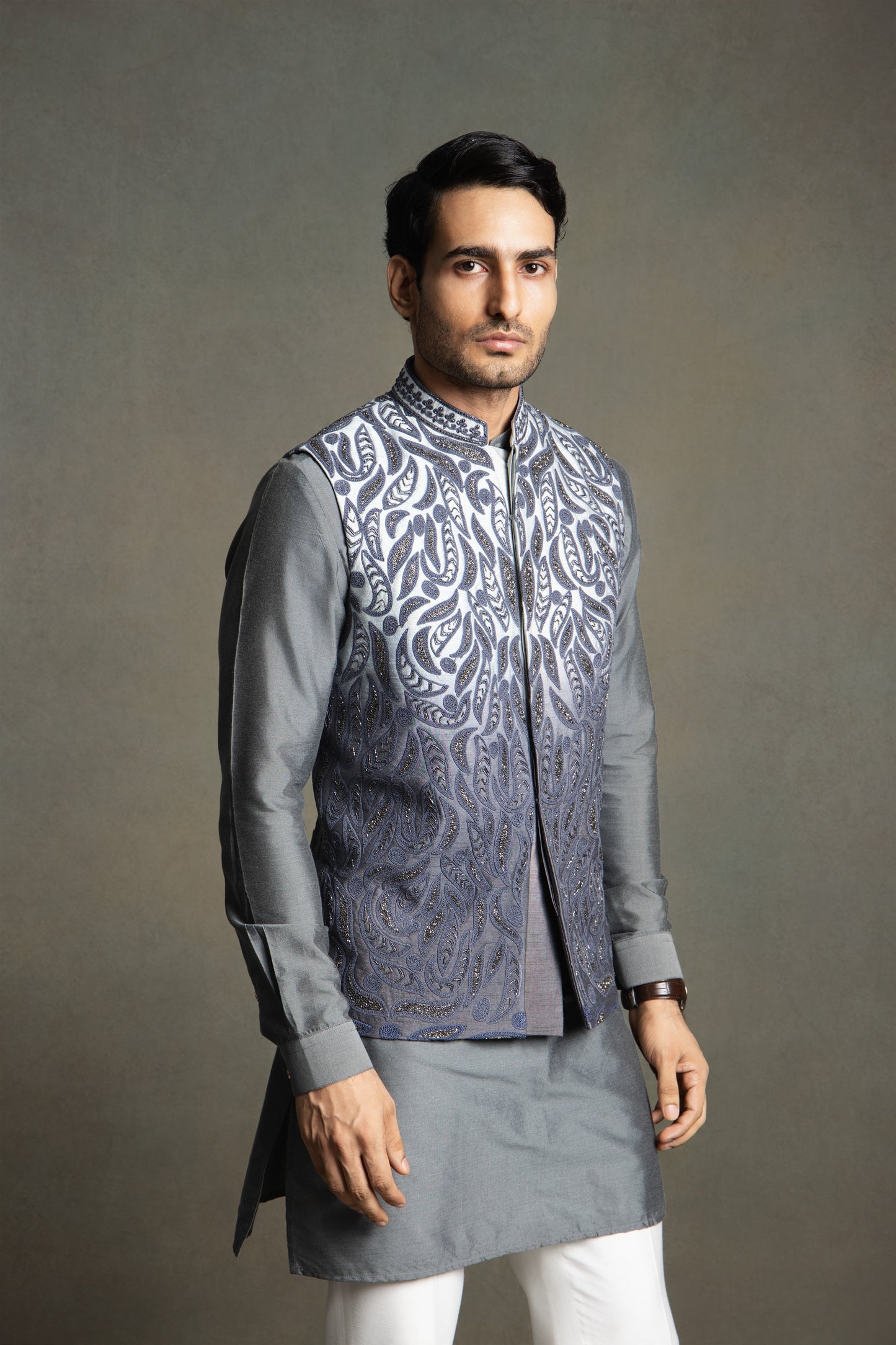 OMBRE THREAD EMBROIDERY GLASS CUT NEHRU JACKET SET