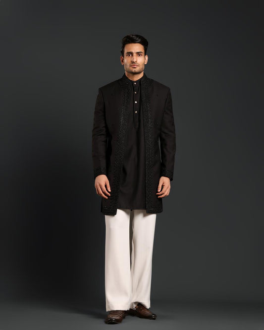 BLACK OPEN EMBROIDERY INDO WESTERN