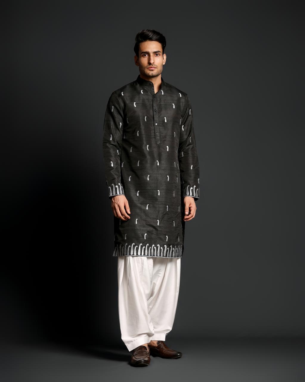 BLACK SILVER ZARI EMBROIDERY KURTA SET