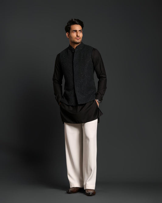 BLACK GLASS AND THREAD EMBROIDERY NEHRU JACKET KURTA SET