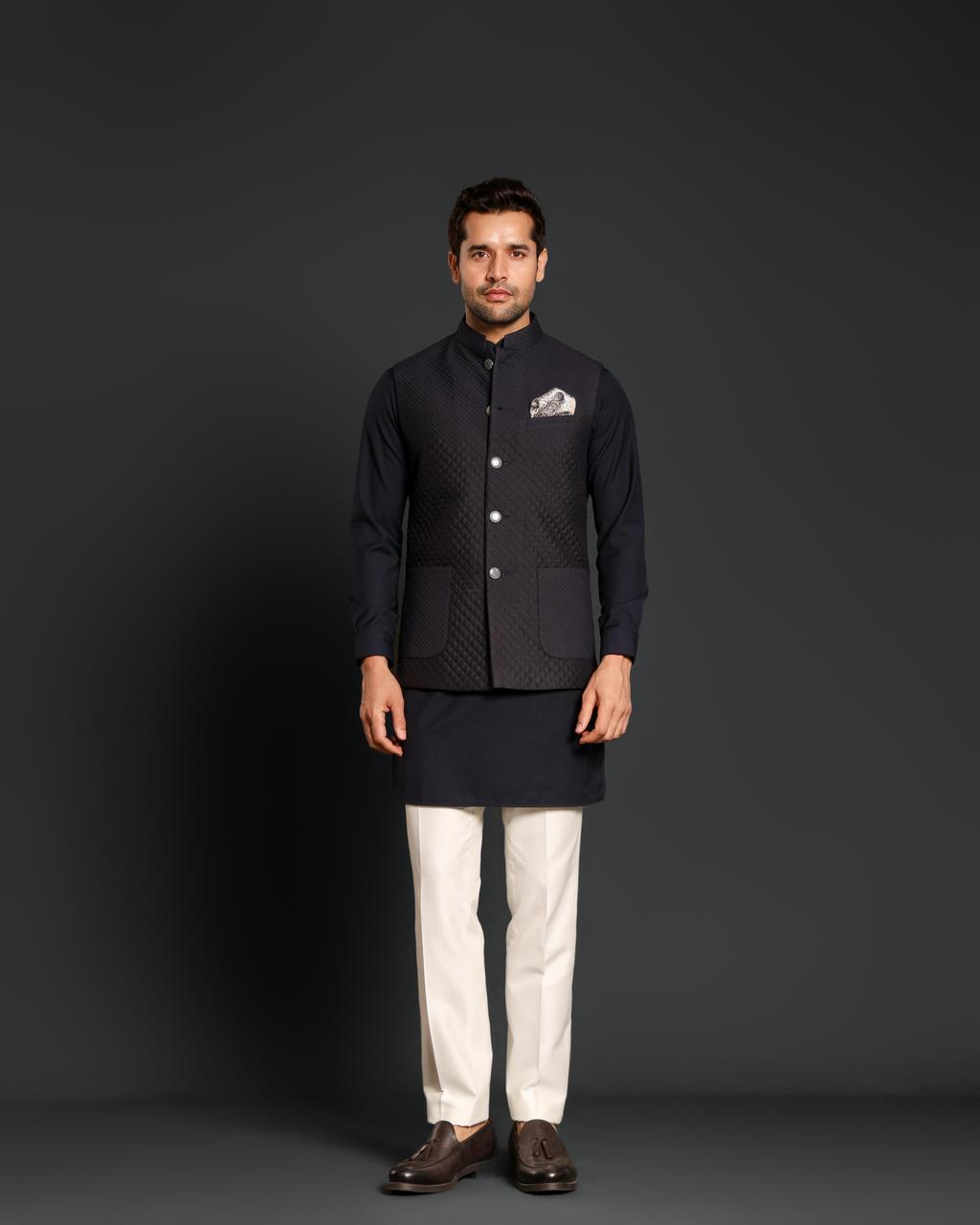 BLACK QUILTING NEHRU JACKET  KURTA SET
