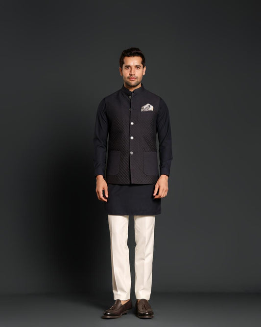 BLACK QUILTING NEHRU JACKET  KURTA SET