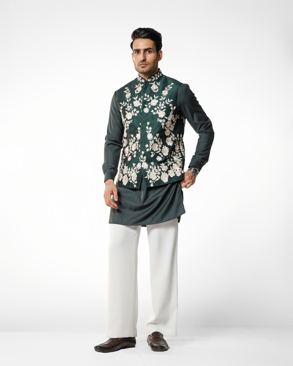 DARK GREEN THREAD EMBROIDERY NEHRU JACKET KURTA SET