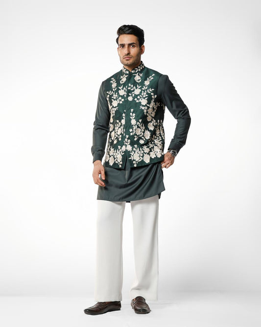 DARK GREEN THREAD EMBROIDERY NEHRU JACKET KURTA SET