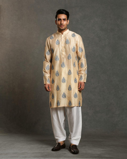BEIGE SILK EMBROIDERY KURTA SET