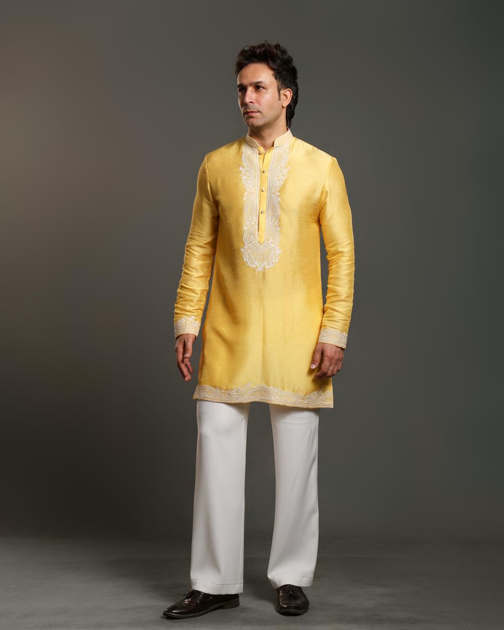 LEMON YELLOW THREAD EMBROIDERY KURTA SET