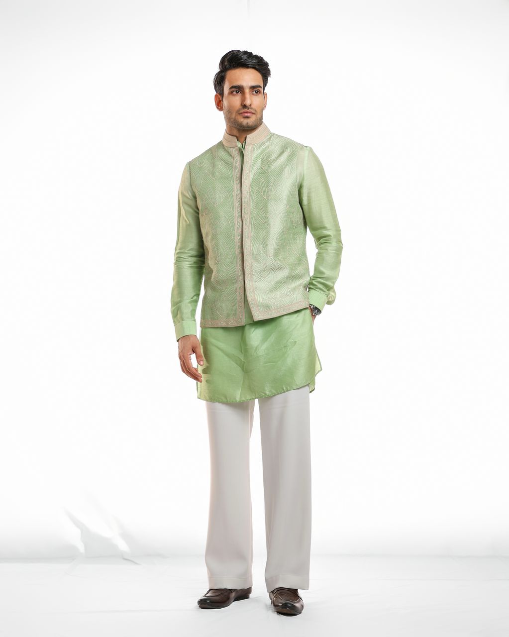 LIGHT GREEN THREAD EMBROIDERY NEHRU JACKET SET