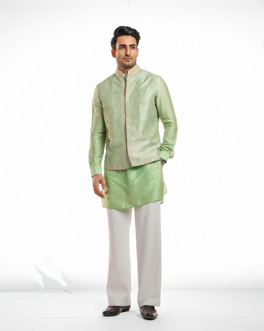 LIGHT GREEN THREAD EMBROIDERY NEHRU JACKET SET
