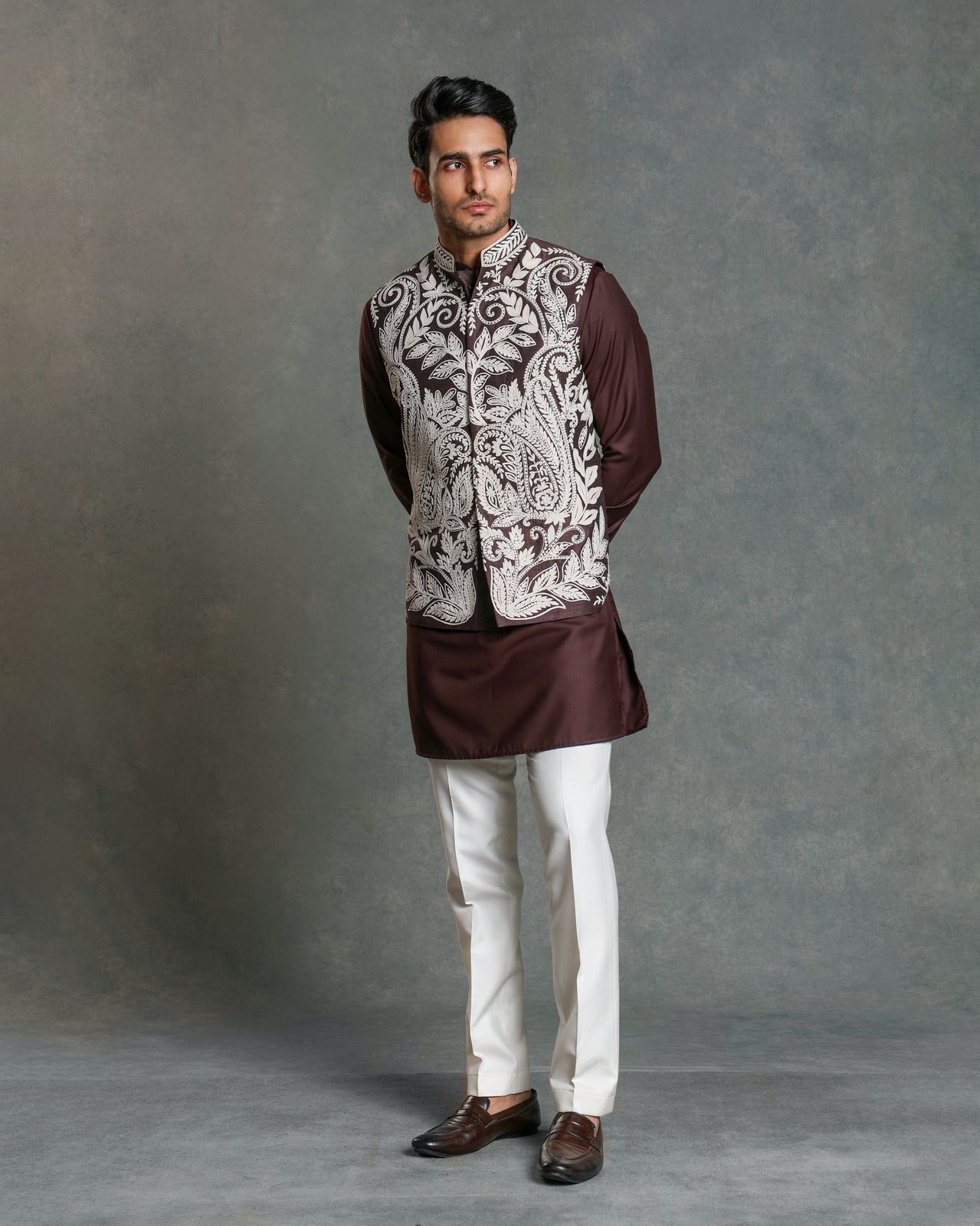 DARK BROWN EMBROIDERY NEHRU JACKET KURTA SET