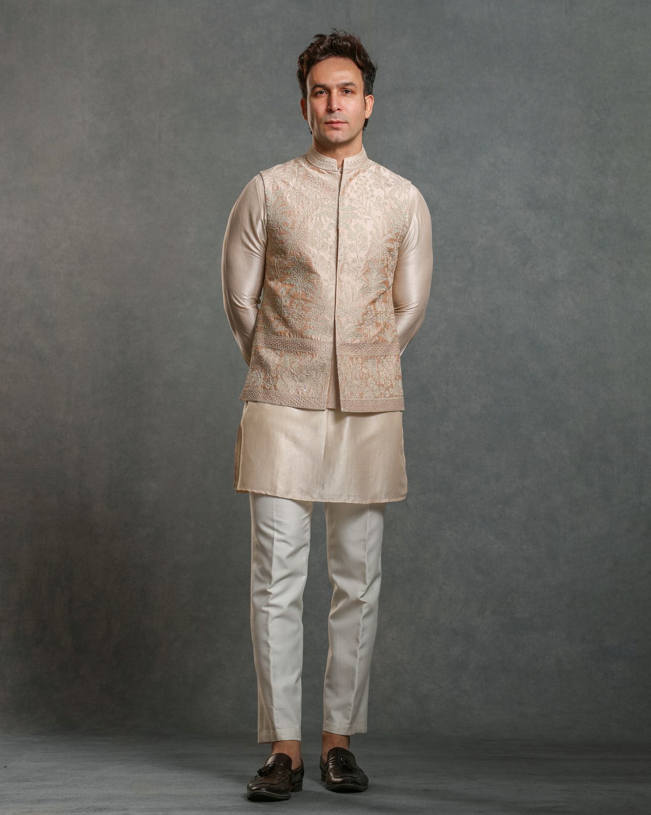 PEACH HAND EMBROIDERY NEHRU JACKET KURTA SET