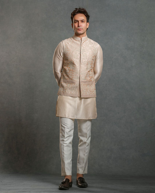 PEACH HAND EMBROIDERY NEHRU JACKET KURTA SET