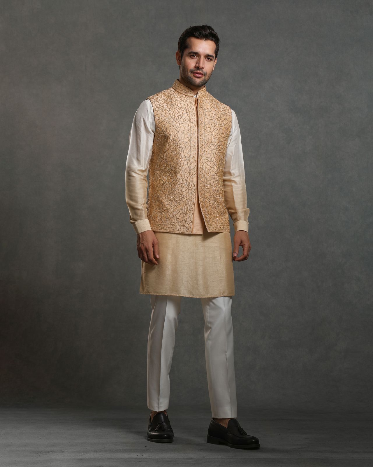 GOLDEN GLASS THREAD NEHRU JACKET OMBRE KURTA SET