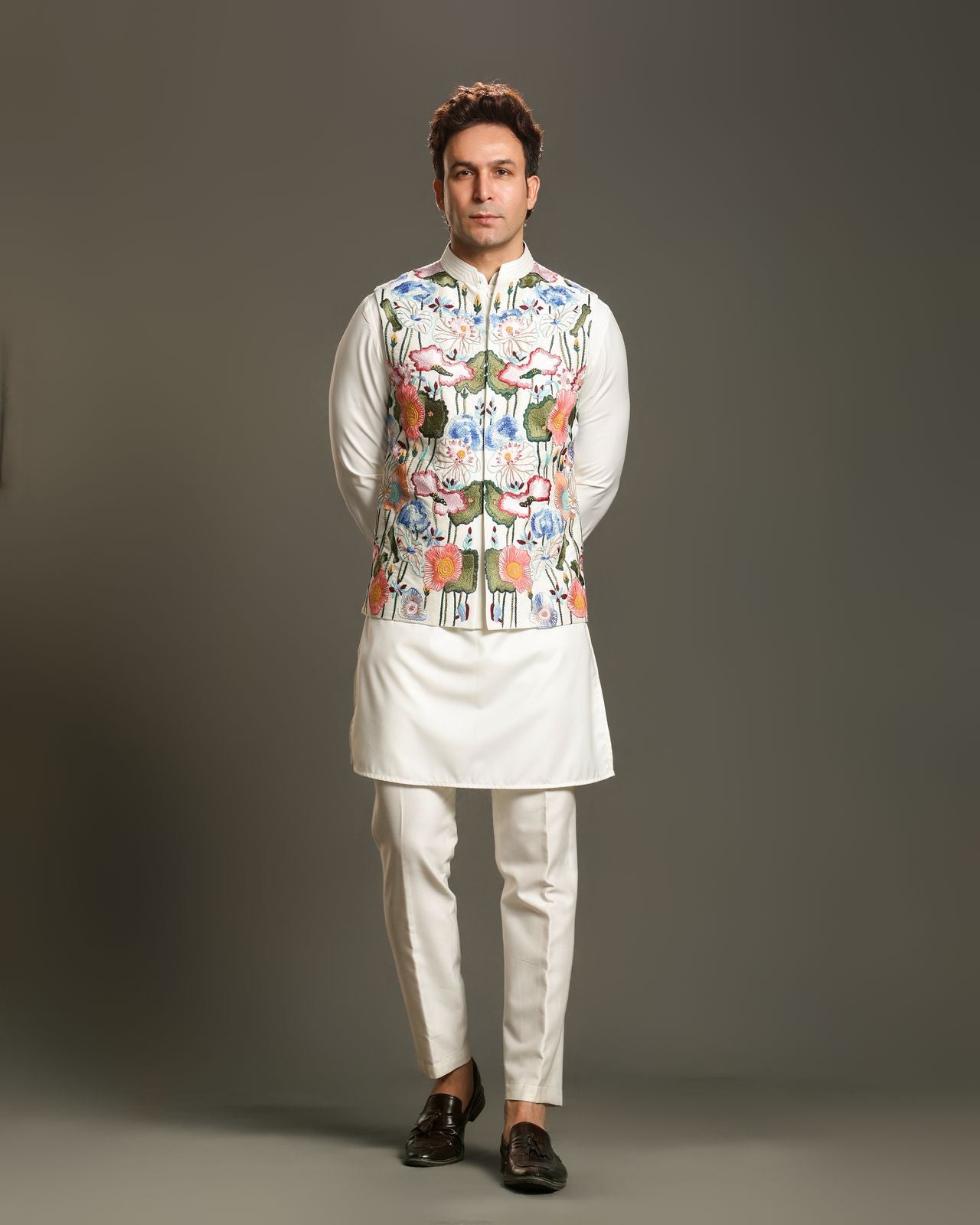 MULTICOLORED FLORAL EMBROIDERY NEHRU JACKET KURTA SET