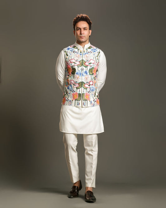MULTICOLORED FLORAL EMBROIDERY NEHRU JACKET KURTA SET