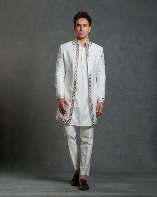 OFF WHIGHT WITH GOLDEN EMBROIDERY INDO WESTERN SET