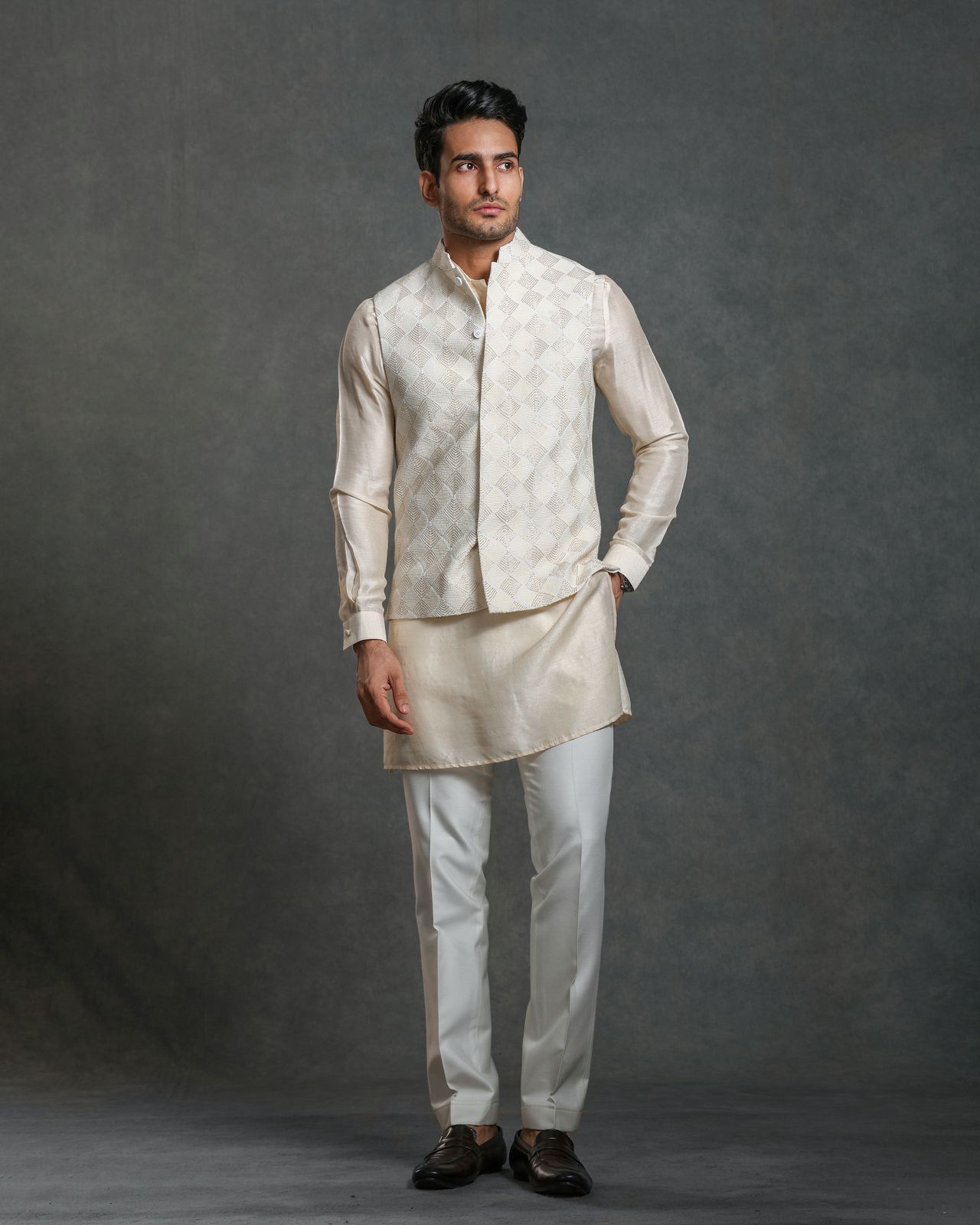 OFF WHITE GLASS THEREAD EMBROIDERY NEHRU JACKET KURTA SET