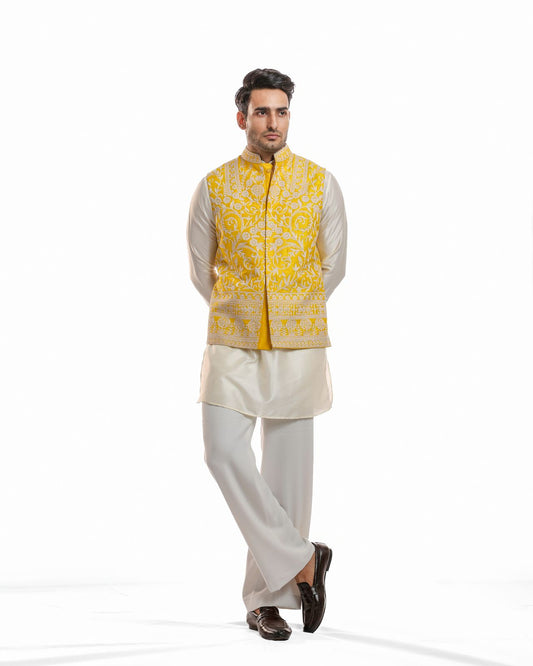 YELLOW THREAD EMBROIDERY NEHRU JACKET KURTA SET