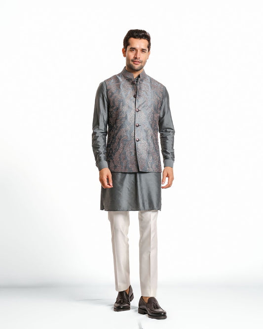 STEEL GREY SILVER ZARI NEHRU JACKET KURTA SET