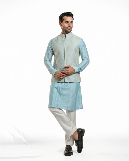 AQUA BLUE THREAD NEHRU JACKET KURTA SET