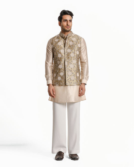 BEIGE, WHITE FLORAL GLASS CUT NEHRU JACKET KURTA SET