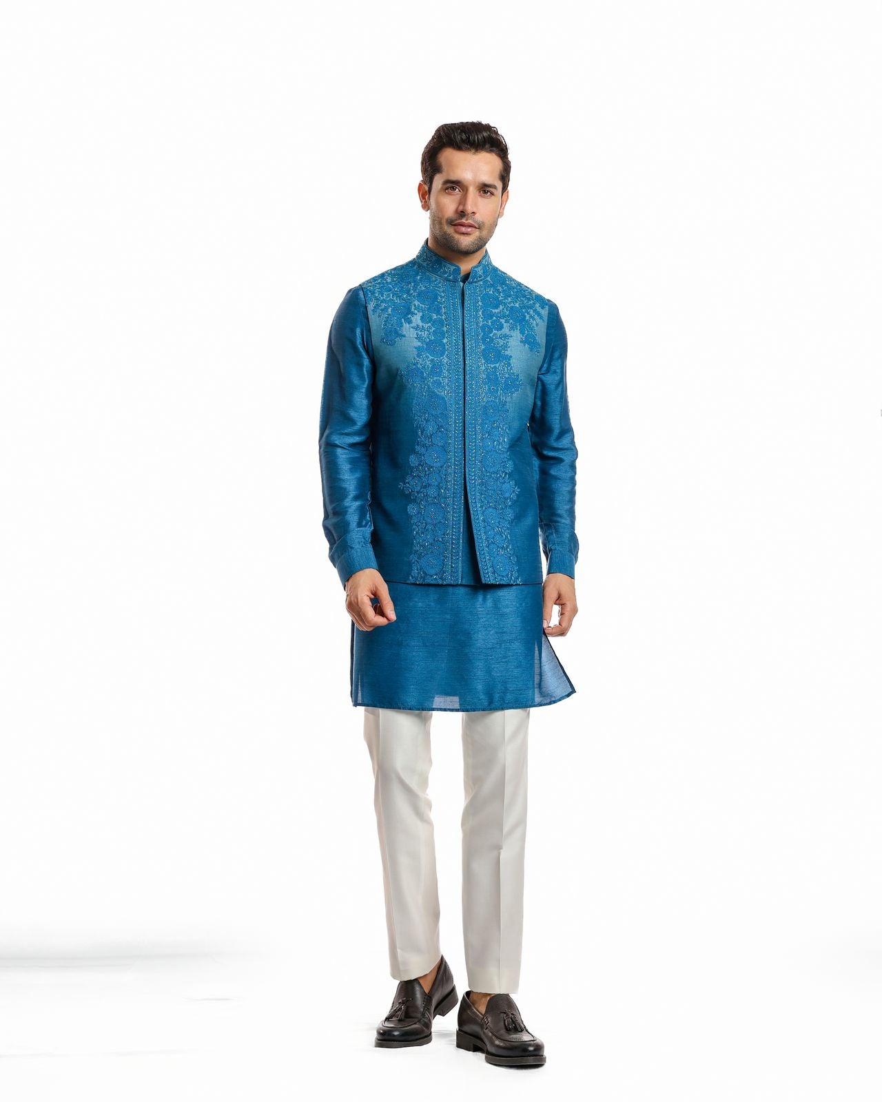 PACIFIC BLUE GLASS CUT OMBRE NEHRU JACKET KURTA SET
