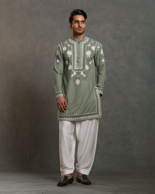 SAGE GREEN FLORAL EMBROIDERY KURTA SET